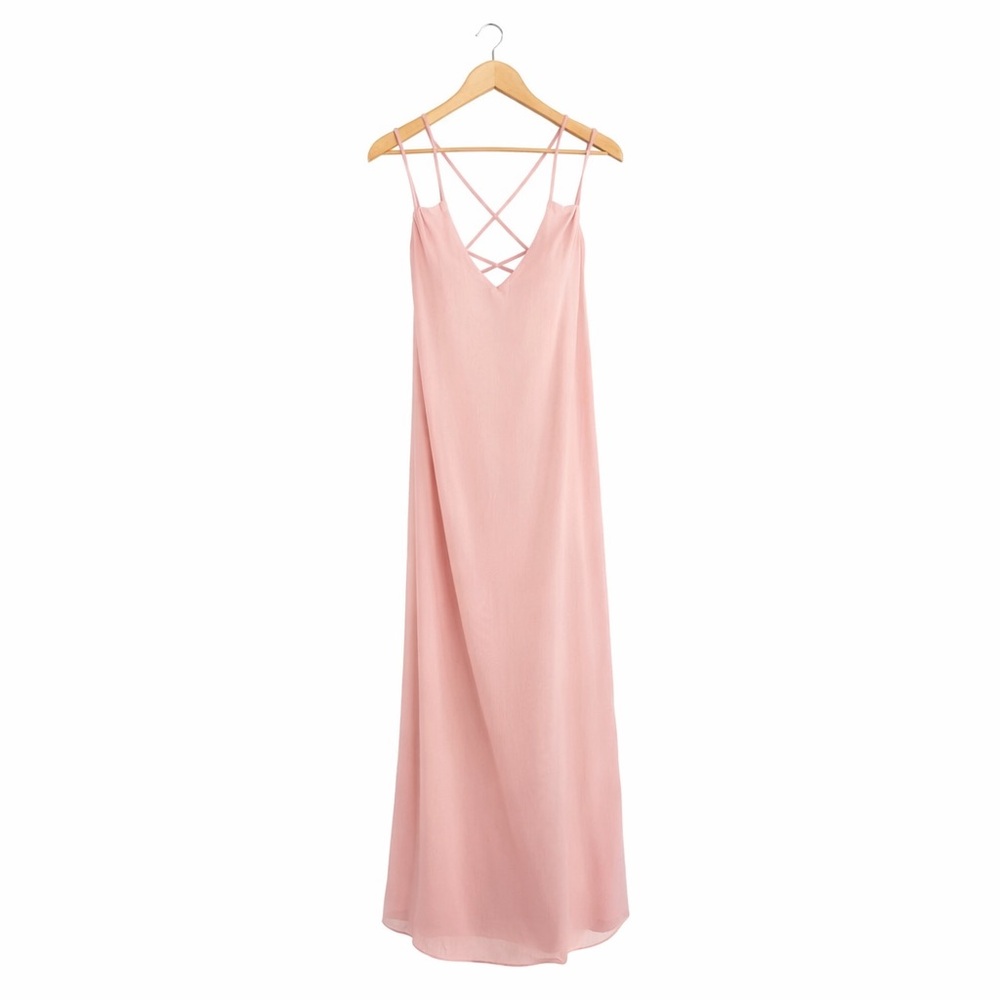 Blush Pink Open Back Maxi Dress Slip Bridesmaid Formal L NWT